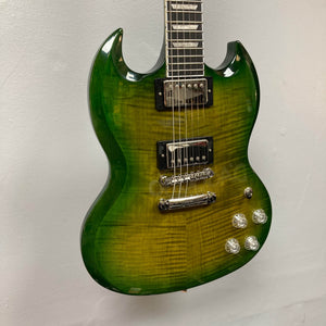 An Epiphone SG Modern Figured Iguana Burst electric guitar with ProBucker humbuckers, four control knobs, and a Tune-o-matic bridge rests against a plain background. Comes with gig bag.
