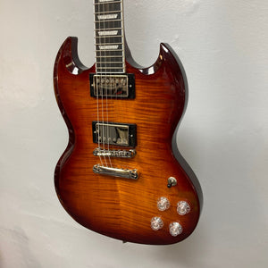 Epiphone SG Modern Figured Mojave Burst electric guitar with ProBucker pickups, ebony fingerboard, and Grover tuners, displayed on a wall.