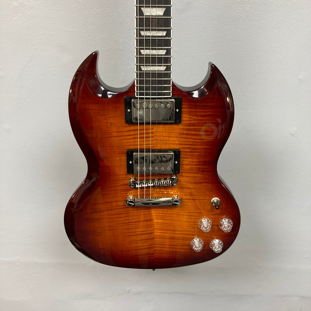 Epiphone SG Modern Figured Mojave Burst electric guitar with AAA maple veneer, ProBucker humbuckers, ebony fingerboard, and included gig bag.