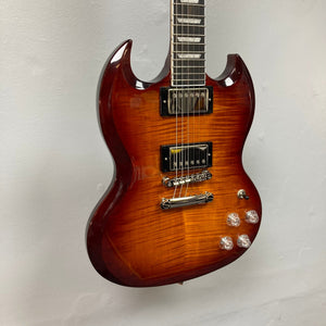 Epiphone SG Modern Figured Mojave Burst electric guitar with ebony fingerboard, ProBucker pickups, and included gig bag, showcasing strings and knobs up close.