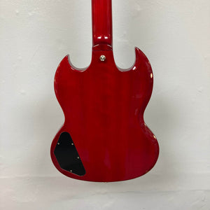 Back view of the Epiphone SG Standard Cherry w/Gigbag electric guitar by Epiphone, showcasing its glossy mahogany body and neck, plus a black electronics cover. Inspired by classic Gibson Collection craftsmanship.