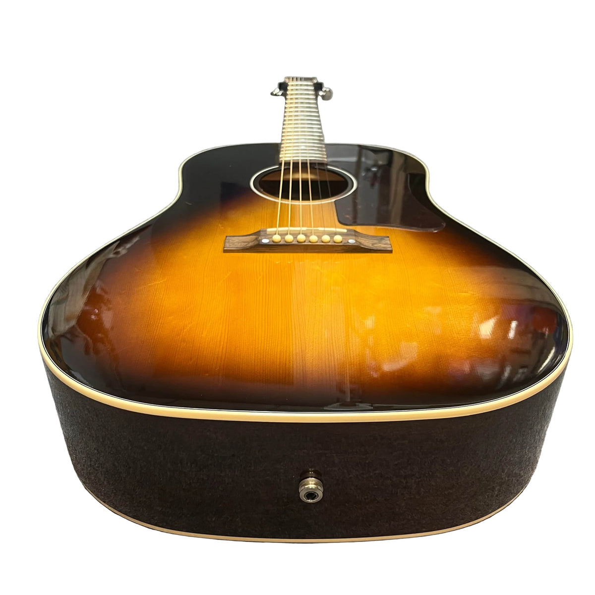 Epiphone Slash J-45 Acoustic Guitar w/Case by Epiphone in a sunburst finish, shown from the base toward the neck to display its body, bridge, strings, and Shadow NanoFlex pickup.
