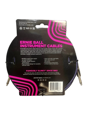 Back packaging of the Ernie Ball 25ft Braided Instrument Cable (Straight/Straight, Purple/Black) features product highlights, company info, barcode, and visible cable ends; made with oxygen-free copper for premium sound quality.