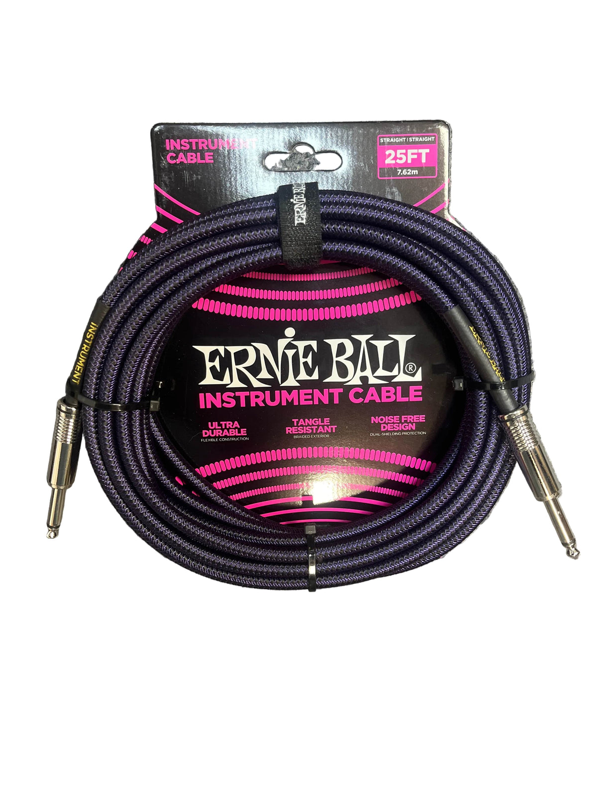 Ernie Ball 25ft braided instrument cable (straight/straight, purple/black) shown in original packaging.