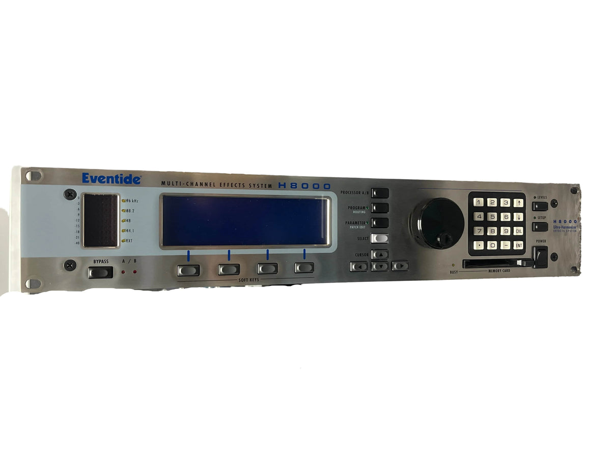 Front view of the preowned Eventide H8000 Multi-Channel Effects System, showcasing its display, buttons, dials, and keypad. This renowned Eventide unit delivers incredible versatility and top-tier harmonizer effects for audio professionals.