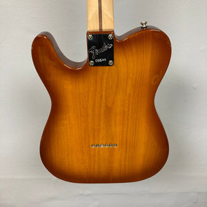 Fender American Performer Telecaster Honeyburst with GigBag, close-up of body, neck, and logo, showcasing its premium craftsmanship and setup quality.