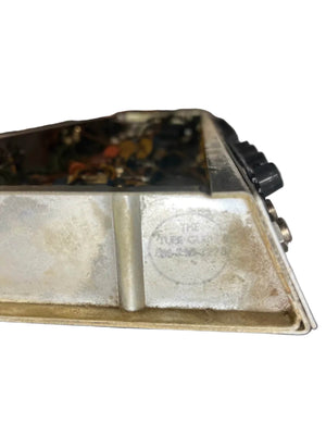 Close-up of the underside of a 1966 Fender Black Panel Twin Reverb 2-Channel 85-Watt 2x12" Guitar Combo Amp w/Case, featuring an engraved stamp, visible electronics, and external knobs—classic Fender craftsmanship.