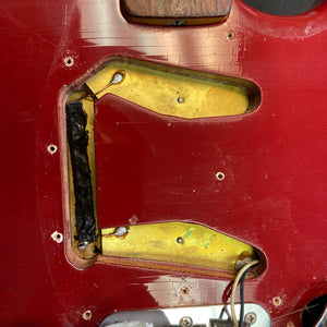 Fender Duo-Sonic II Dakota Red 1966 Vintage electric guitar with minor blemishes and checking, close-up of body and dual pickups.
