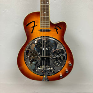 Fender FR-50CE Resonator Sunburst Used, featuring a chrome rim and intricate neck detailing.
