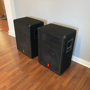 Fender MKIII PA Speakers Set of 2 on wood floor, ideal for live events. Available for local pickup at Guitars on Main.