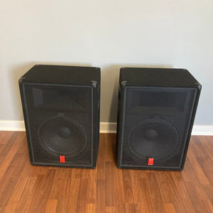 Fender MKIII PA Speakers Set of 2 on wood floor, ideal for live performances. Available for local pickup from Guitars on Main.
