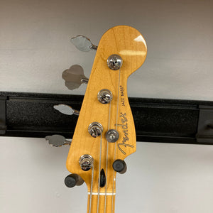 Fender Player II Jazz Bass Black Refurb close-up, highlighting its contoured body, modern neck profile, and single-coil pickups, showcasing classic Fender design and craftsmanship.
