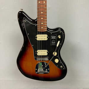 Fender Player Jazzmaster 3-Tone Sunburst Refurb w/Gigbag, featuring a close-up of its neck, strings, and body, highlighting its premium setup.