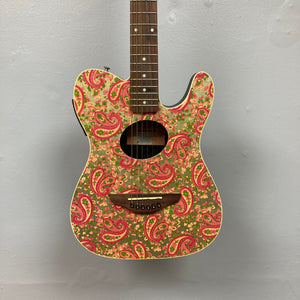 Fender Stratacoustic Pink Paisley guitar with intricate paisley design, slim body profile, and built-in electronics for versatile sound.