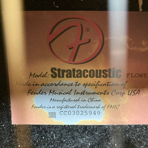 Fender Stratacoustic Pink Paisley guitar with a unique floral design, featuring a slim body and built-in electronics for versatile play.