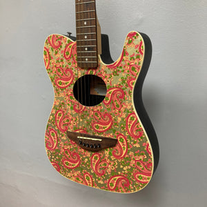 Fender Stratacoustic Pink Paisley guitar with intricate paisley design, slim body, and built-in electronics for versatile sound. Ideal for musicians.