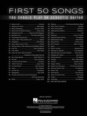 First 50 Songs You Should Play on Acoustic Guitar Softcover: black and white poster listing popular beginner guitar songs with tabs, chords, and lyrics.