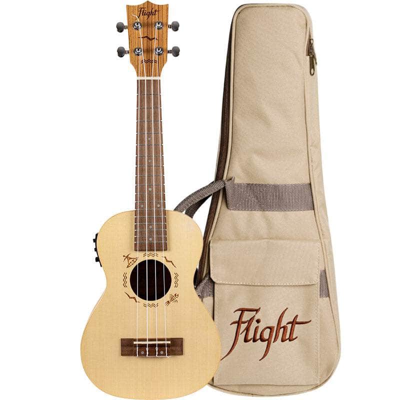 Flight DUC525 EQ SP/ZEB Electro-Acoustic Concert Ukulele with natural finish, nylon strings, rosewood fretboard, alongside beige padded gig bag with brand logo.