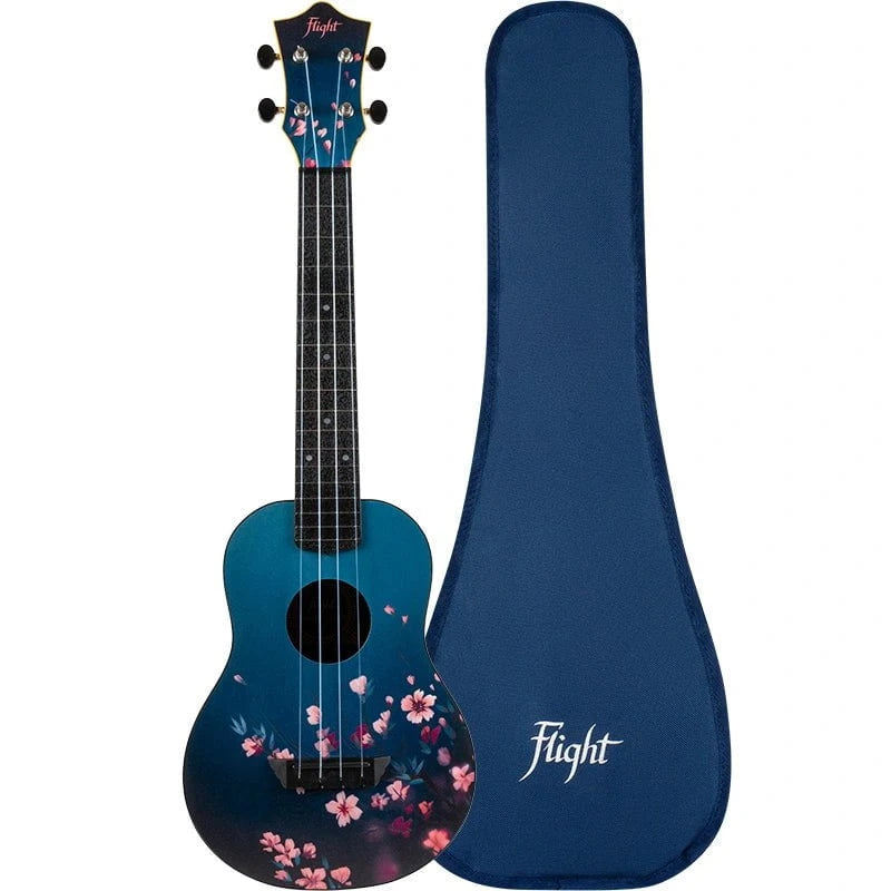 Flight TUC-32 SAKURA Concert Travel Ukulele, featuring cherry blossom artwork, linden wood fretboard, and included matching gig bag, ideal for all skill levels.