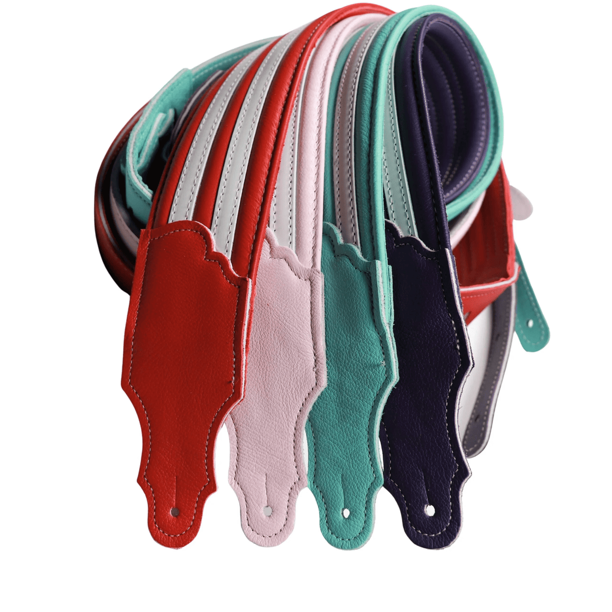 Close-up of the Franklin Hot Rod Padded Guitar & Bass Strap showcasing its plush leather texture and distinctive white racing stripes.