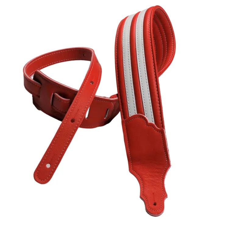 Franklin Hot Rod Padded Guitar & Bass Strap with red leather and white racing stripes, inspired by classic American cars, offers comfort and style.