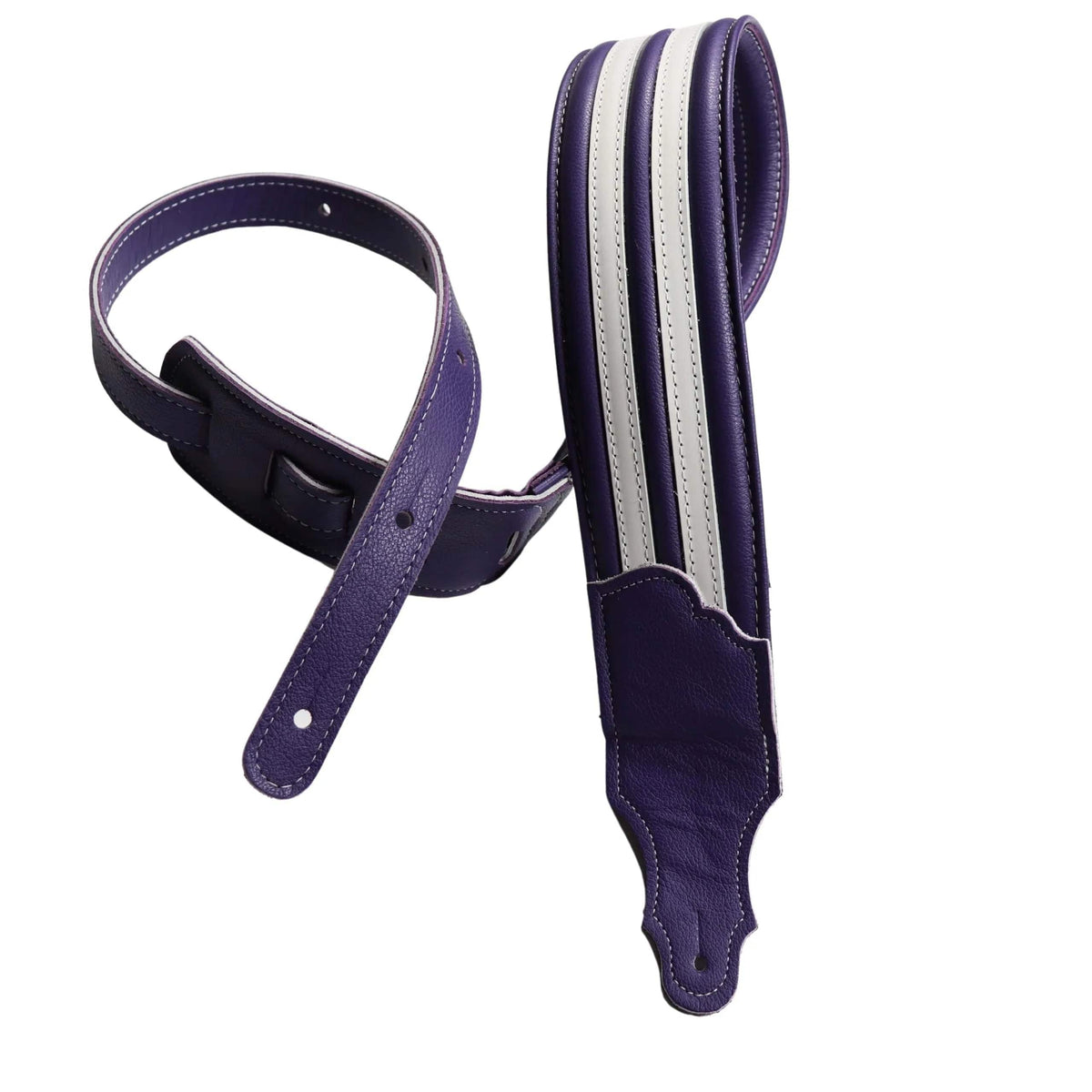 Franklin Hot Rod Padded Guitar & Bass Strap, featuring purple leather with white stripes, designed for comfort and inspired by classic American Hot Rod aesthetics.