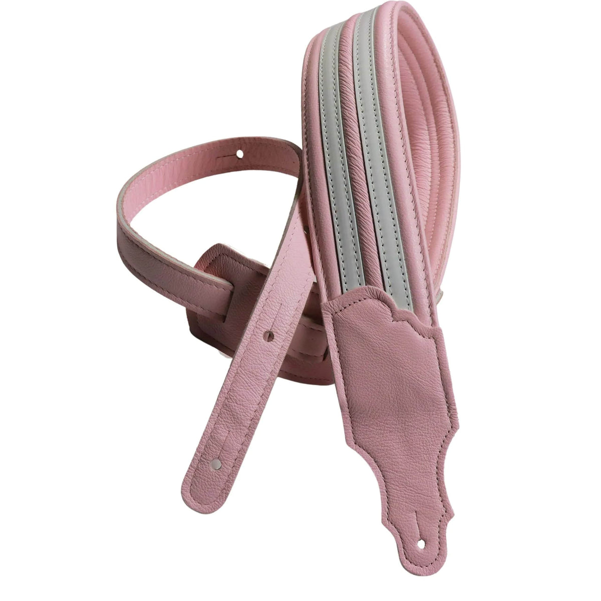 Franklin Hot Rod Padded Guitar & Bass Strap in blush pink leather with white racing stripes and detailed stitching, inspired by classic American cars.
