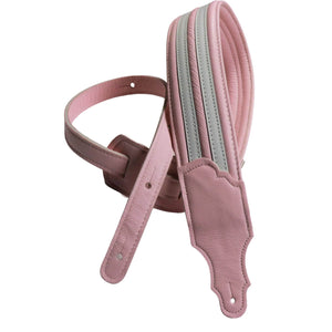 Franklin Hot Rod Padded Guitar & Bass Strap in blush pink leather with white racing stripes and detailed stitching, inspired by classic American cars.