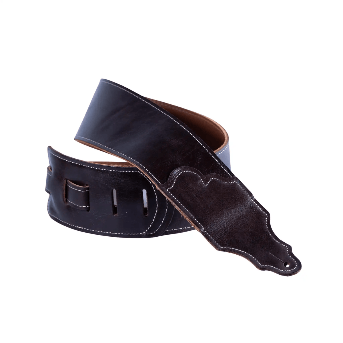 Franklin Jackson Hole Aged Leather Guitar Strap, featuring a black leather belt with white stitching and holes, showcasing a distressed, time-worn appearance.
