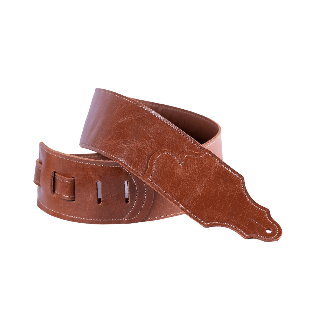 Franklin Jackson Hole Aged Leather Guitar Strap featuring a brown leather strap with white stitching, showcasing a time-worn, cherished appearance.