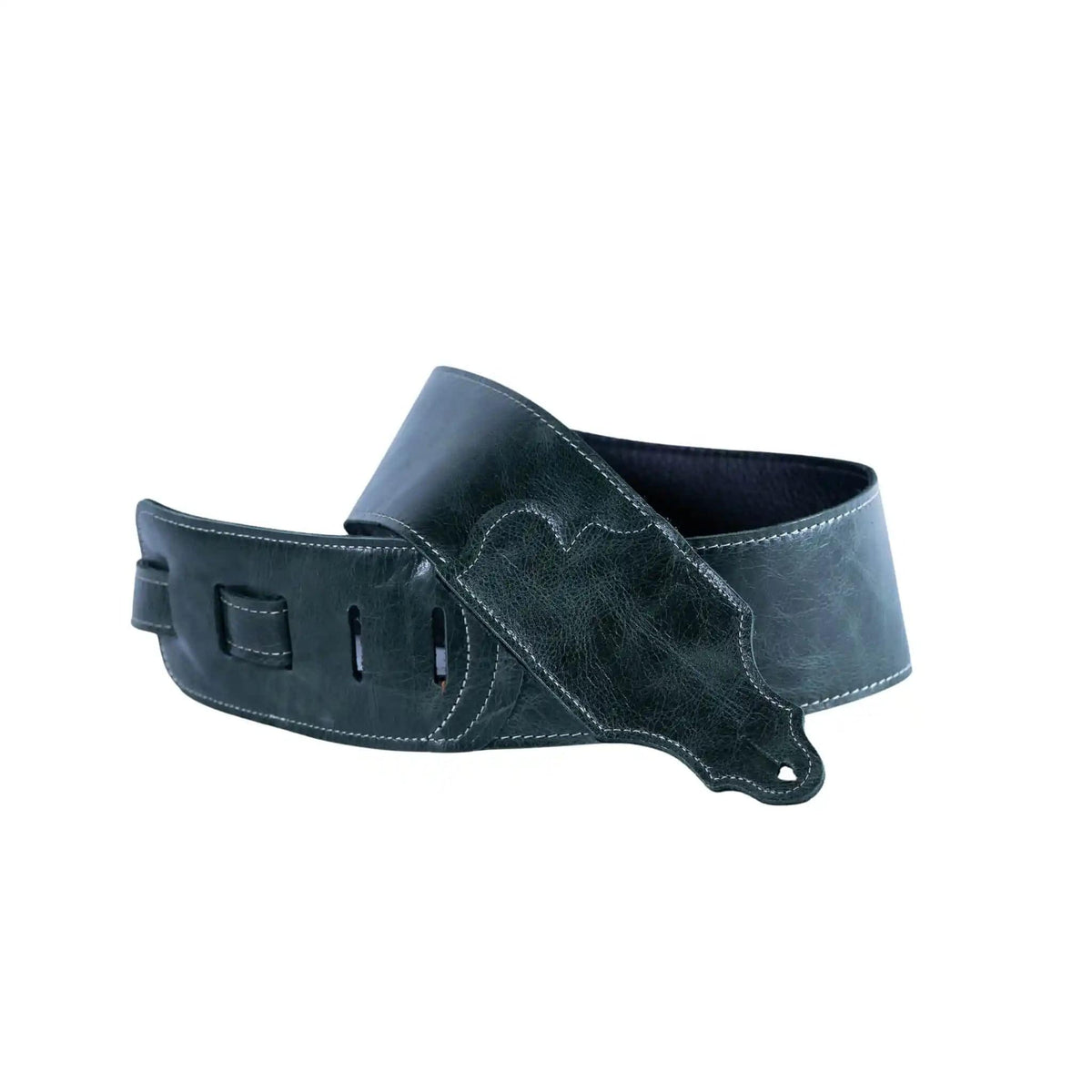 Franklin Jackson Hole Aged Leather Guitar Strap with white stitching, slightly distressed for a vintage look, designed for comfortable guitar playing and effortless shoulder glide.