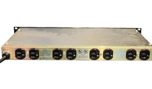 The Furman PL-8 Power Conditioner and Light Module (used/consign) by Furman is a metal rack-mountable unit with eight black outlets, left-side power cord, safety certifications, and is photographed against a white background.