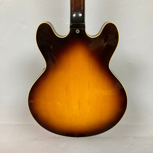 Gibson ES-335TD-12 1968 Sunburst 12-string guitar, semi-hollow body, double-cutaway design, with case. Features minor blemishes and sunburst finish.