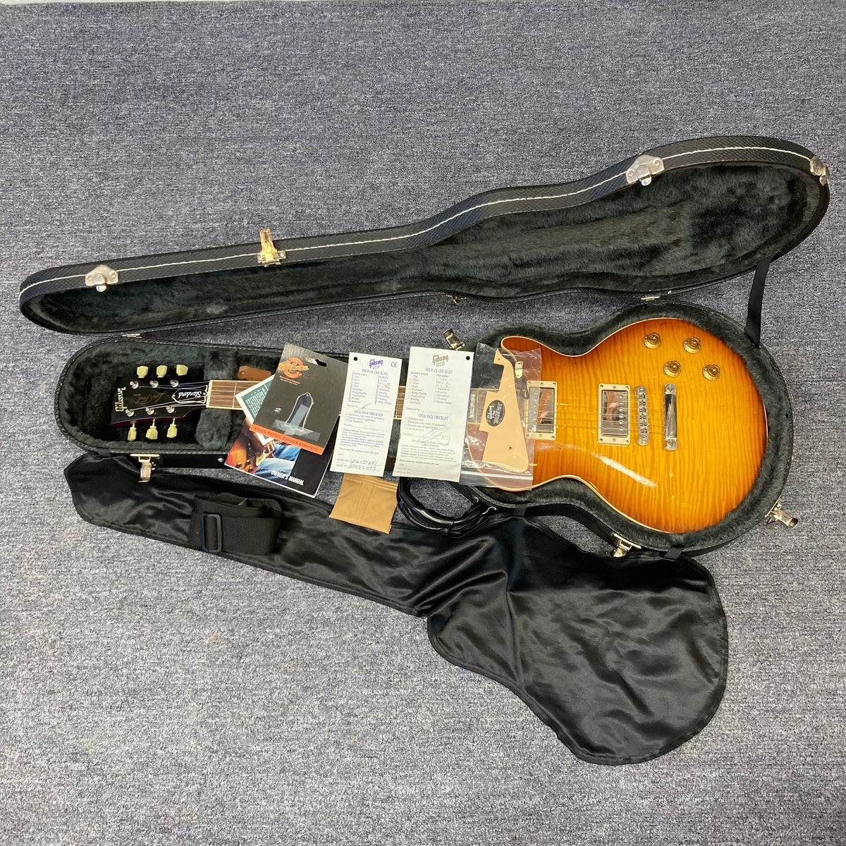 Gibson Les Paul Standard Premium Plus 2003 Ice Tea Burst in case with Burstbucker Pro pickups and '60s slim-taper neck profile.