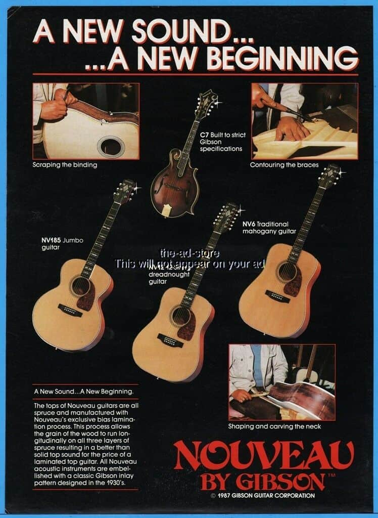 Vintage Gibson advertisement featuring the 1986 Gibson Nouveau NV6-R, a square shoulder dreadnought with mahogany back and sides, highlighting its unique features and expert craftsmanship.