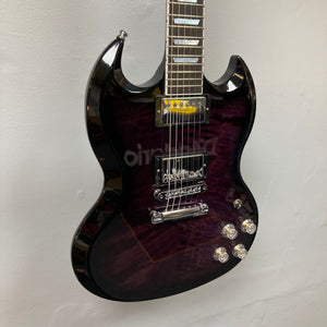 Gibson SG Modern Exclusive Dark Purple Burst Blem electric guitar, featuring a sleek design and premium build, displayed on a wall.