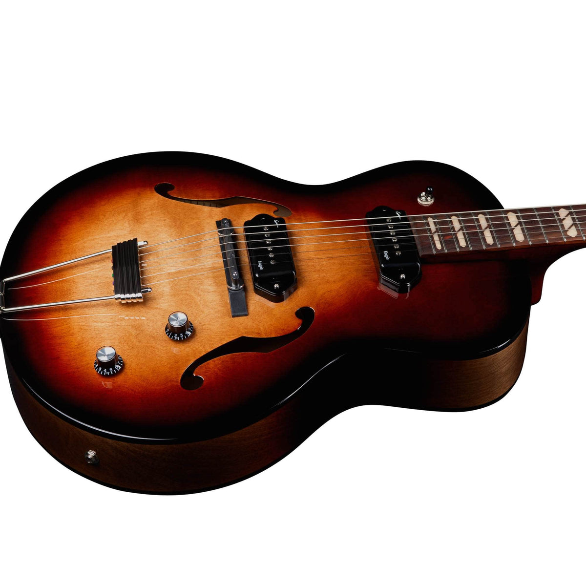 The Godin 5th Avenue Kingpin II DLX Vintage Burst HG SF is a semi-hollow electric guitar with a sunburst finish, P90 single-coil pickups, f-holes, two control knobs, and part of the neck visible—highlighting Godin’s Canadian craftsmanship.