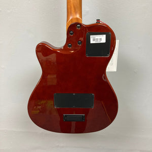 The Godin A6 Ultra Denim Blue Flame SF with Bag features a glossy Denim Blue Flame finish, two black back plates, control knobs, barcode sticker, and a wood neck. Shown from the back against a plain light wall. Brand: Godin.