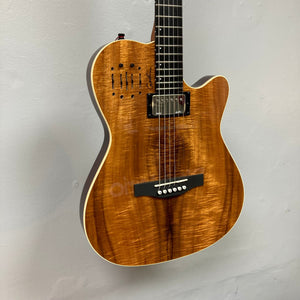 Close-up of the Godin A6 Ultra Koa Extreme SF guitar, showcasing its strings and neck with advanced preamp controls for versatile sound customization.