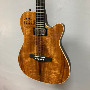 Godin A6 Ultra Koa Extreme SF guitar, close-up showing strings and neck, highlighting its dual outputs and innovative preamp features.