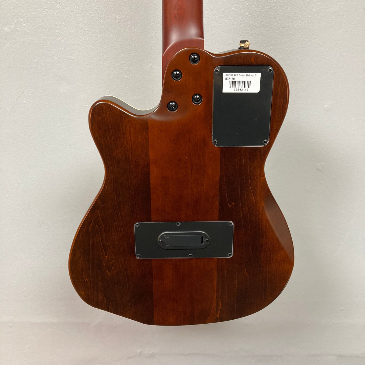 Close up of Godin Ltd Multiac ACS Cedar Matte SG w/GigBag, showcasing the guitar's neck and strings.