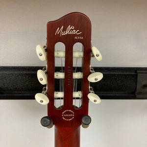 Close-up of the Godin Ltd Multiac ACS Cedar Matte SG guitar, showcasing its solid Cedar top and maple body, with detailed neck and bridge components.
