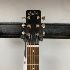 Godin Mahogany Parlor Black Burst A/E guitar on a stand with close-ups of strings and neck.