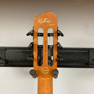 Godin Prototype Ltd Mundial Dark Cedar w/GigBag, showcasing a close-up of the guitar head, neck, and pegs, highlighting detailed craftsmanship.