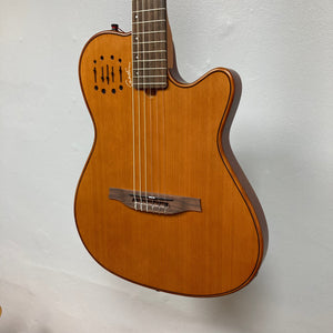 Godin Prototype Ltd Mundial Dark Cedar w/GigBag, nylon-string guitar with visible strings, crafted with Silver Leaf Maple body and Cedar top.