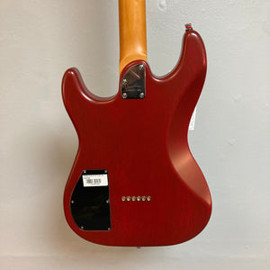 Red Godin Session HT electric guitar with fixed bridge and HSS pickups, featuring a maple fingerboard and semi-gloss finish.