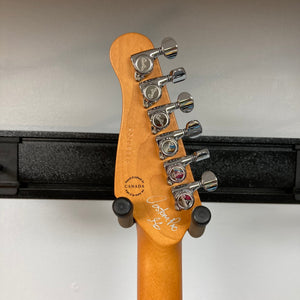 Close-up of the Godin Session T-Pro LTD Kanyon Burst MN guitar neck with silver knobs.