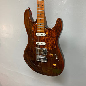 Godin Session T-Pro LTD Kanyon Burst MN electric guitar with H-S-S pickups, maple neck, and custom high-gloss finish, displayed on a wall.