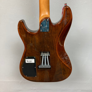 Close-up of the back of a Godin Session T-Pro LTD Kanyon Burst MN electric guitar, showcasing metal springs, screws, and a logo.