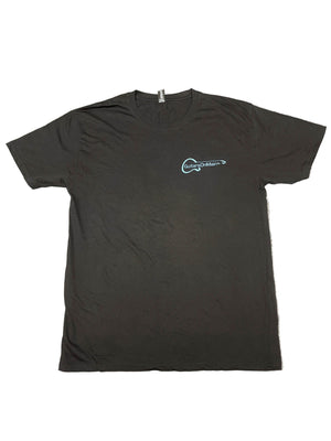 Guitars on Main black t-shirt, front view showing logo on chest